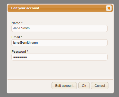 An example input form to edit an account. The userinterface displays a form where an account can be edited, with three buttons: Ok, Edit Account and Cancel.